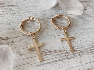 Gold cross hoop earring