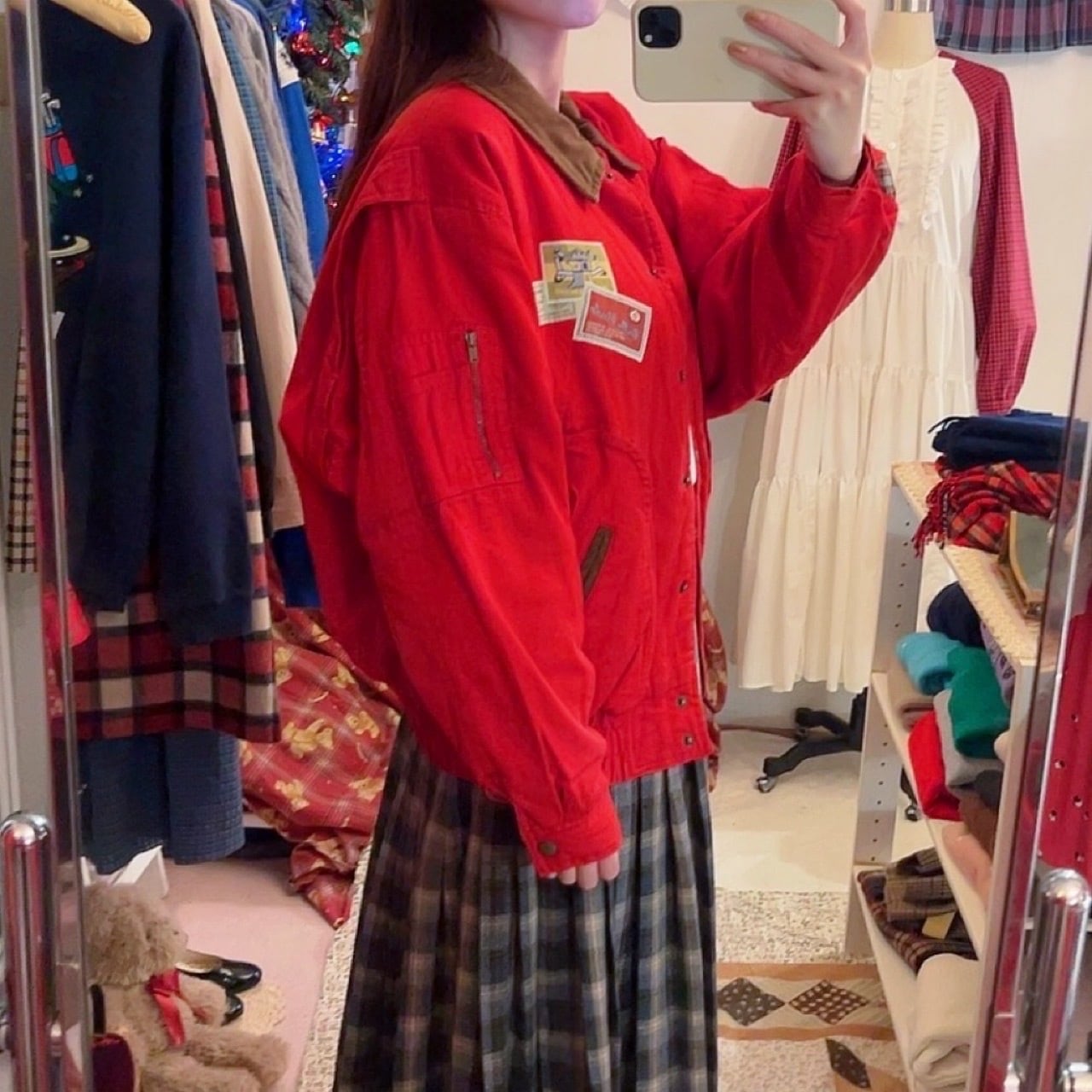 corduroy collar check liner red blouson