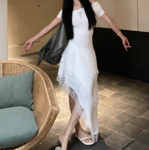 2色／バイアスティアードレーススカート ・10614