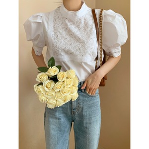 High neck embroidered puff sleeve blouse