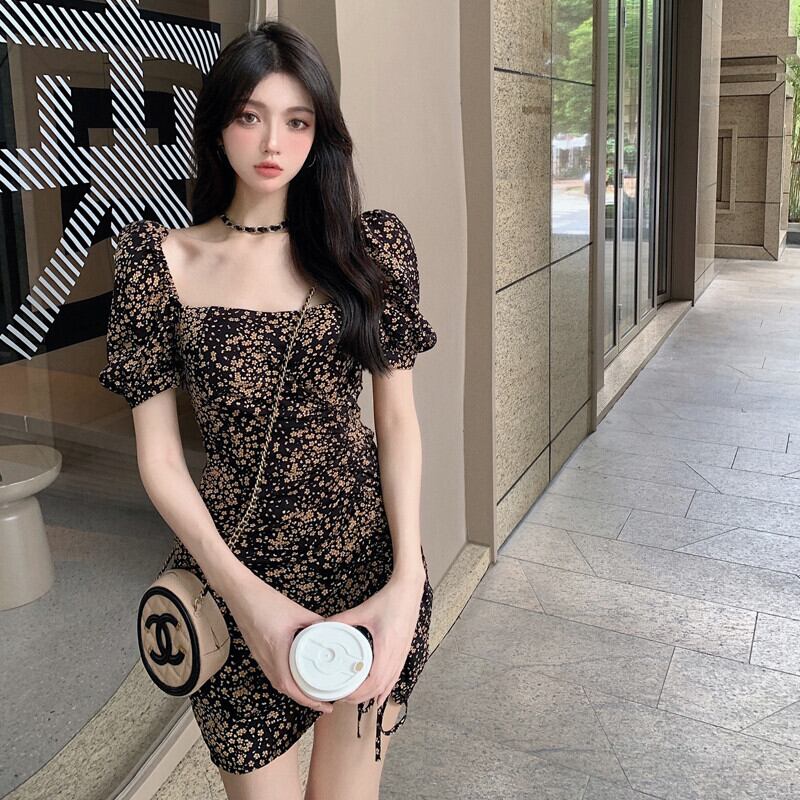 スリーブフローラルスカート サマーウェストギャザードレス 大人ガーリー スウィート キュート カジュアル 夏物 花柄 スクウェア ガールズファッション19317430858