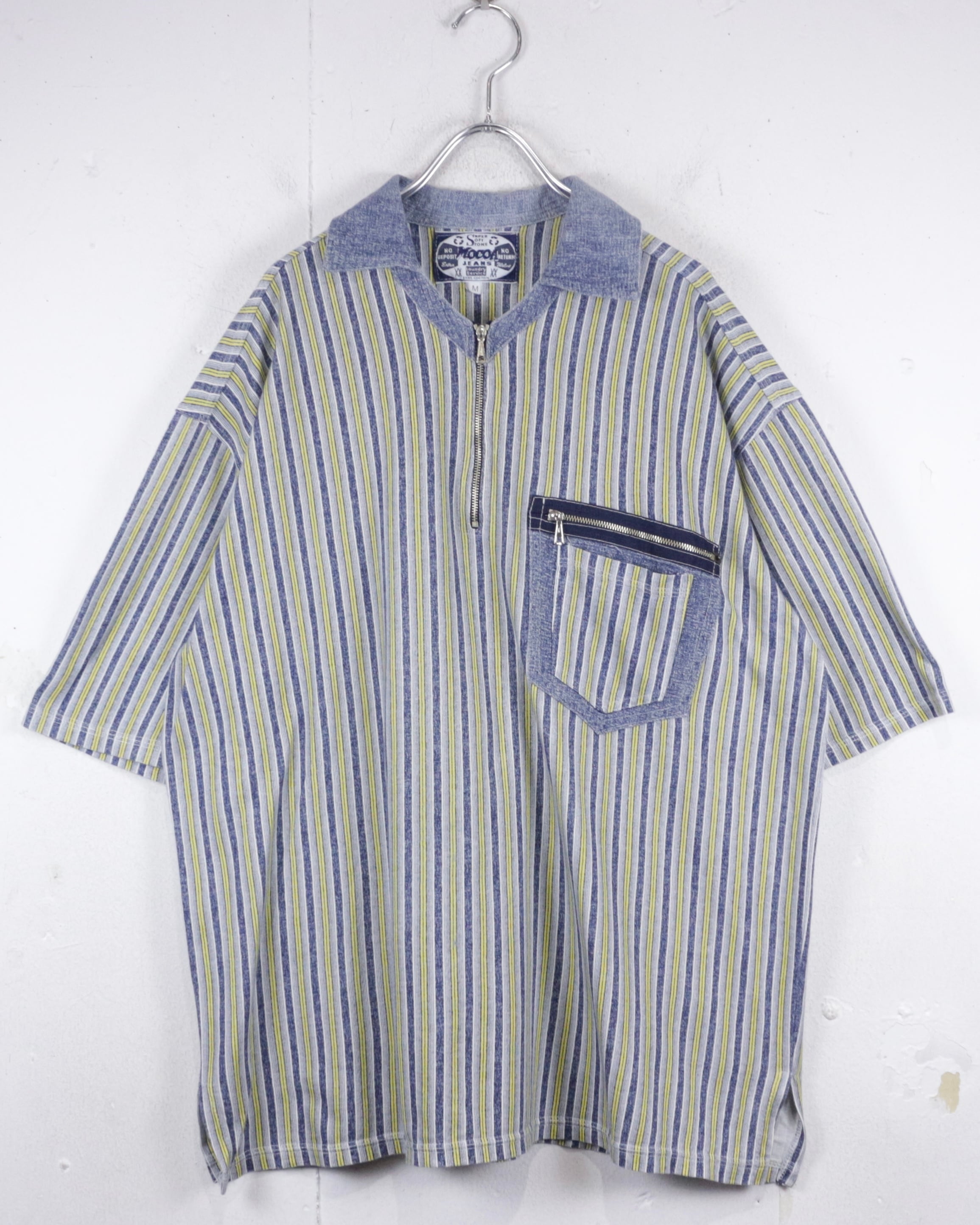 Caka act2】Multiple Color Horizontal Stripe Vintage Half Zip S/S