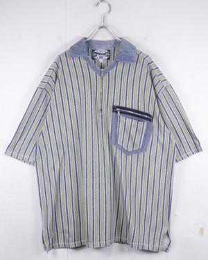 【Caka act2】Multiple Color Horizontal Stripe Vintage Half Zip S/S Shirt