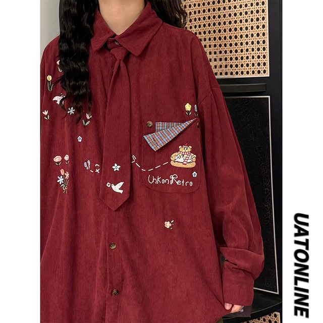 【UATONLINEシリーズ】★シャツ★ トップス 2color 長袖 ネクタイ付きシャツ ユニセックス メンズ コーデュロイ カートゥーン 熊