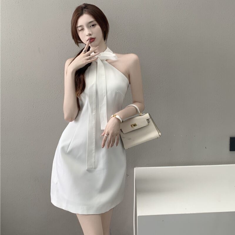 スタイルホルタースリムドレス ショートスカート リボン 大人ガーリー スウィート キュート カジュアル ハンチェンe87608617779