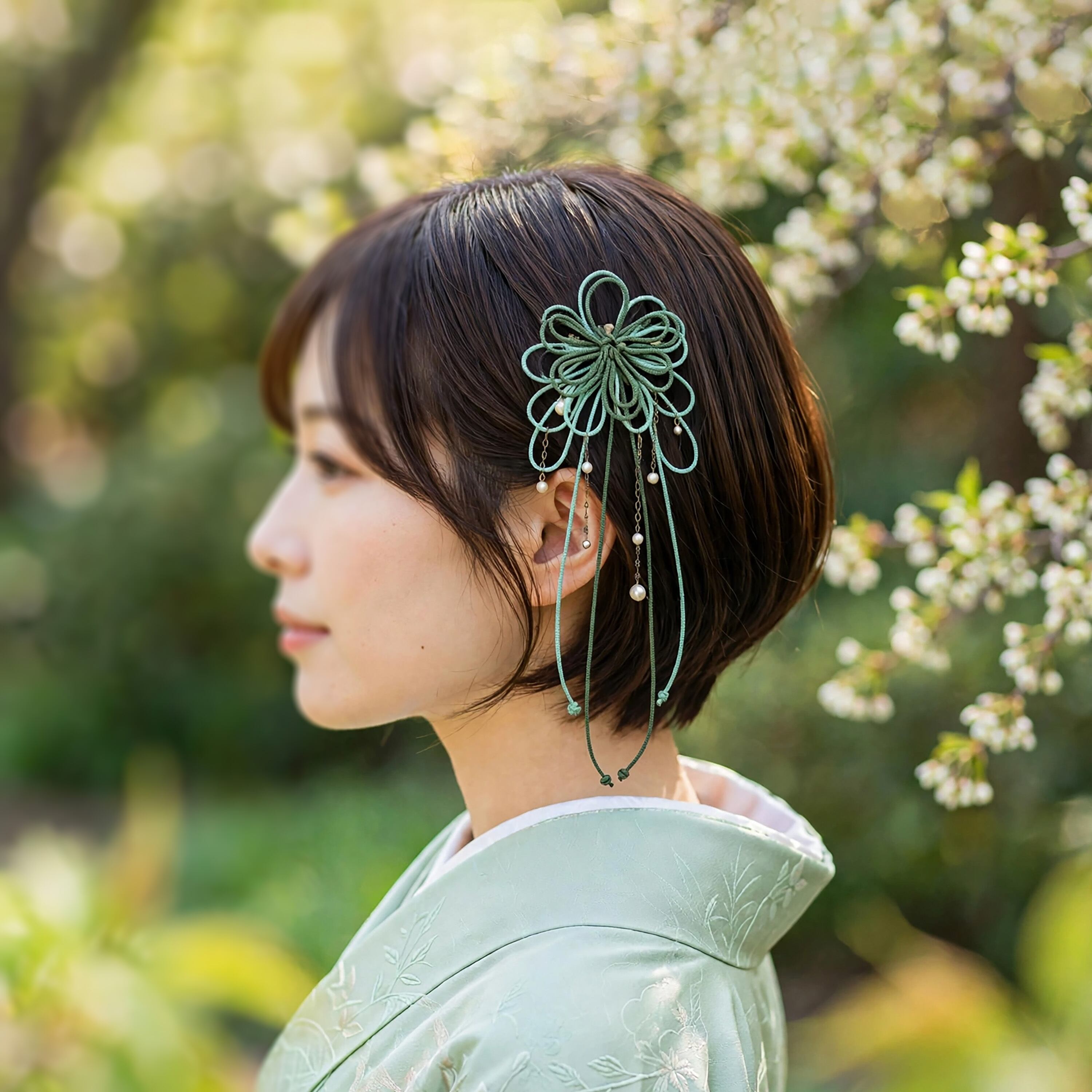 飾り結びヘアコーム(小)「苓、其レハ」(深緑×淡緑)【軽量で簡単和装ヘア】浴衣・着物・七五三や成人式に。