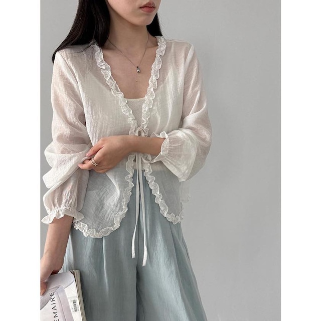 sheer frill tie-front cardigan
