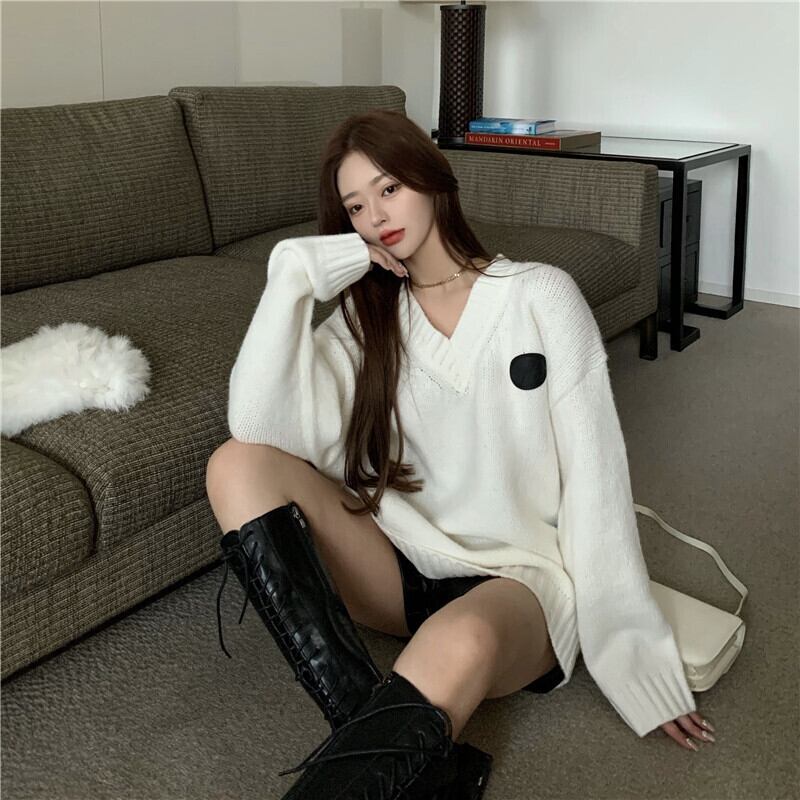 セーター ホワイトVネックスプリングスタイルルーズトップス 春物 ブラックストロベリース67935267289