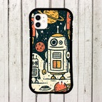 受注生産 iPhoneケース ロボットと惑星のレトロ宇宙柄｜レトロ宇宙 RFSP046B