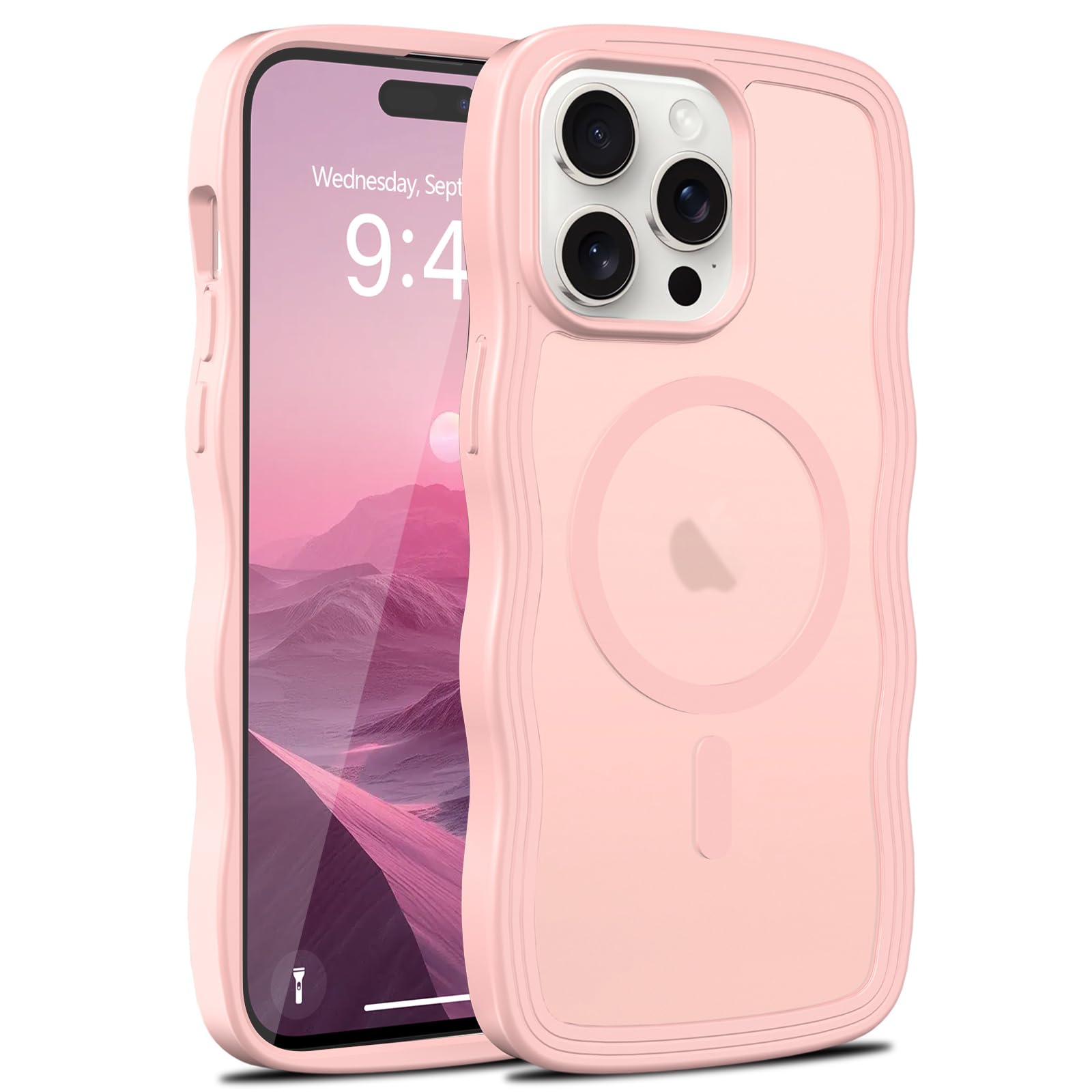 Lafunda iPhone 14 Pro Max 用 ケース MagSafe対応 ウェーブ 半透明 おしゃれ 滑り止め 握りやすい 耐衝撃【ピンク】