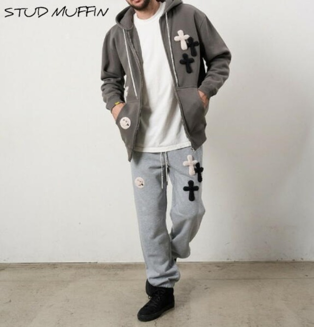 STUD MUFFIN スタッドマフィン パーカー ジップアップ 裏毛起毛 ファー-ムック ボアミックス パッチワーク ジップパーカー チャコール 624-02916 2026年 モデル