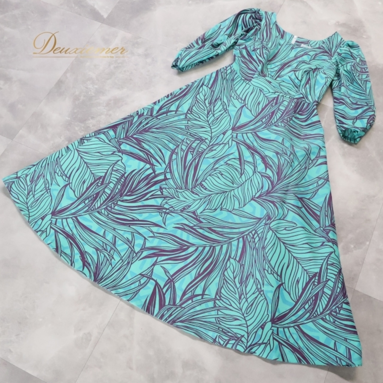 フラダンス 衣装 ワンピース ドレス Lanihuli グリーン系 日本製 ツーカラー 長袖 シンプル かわいい 爽やか 華やか 鮮やか 明るい 青緑 緑 水色 紫 ハワイアン アロハ ハワイアンプリント フラ ダンス レッスン 練習 ブルー系