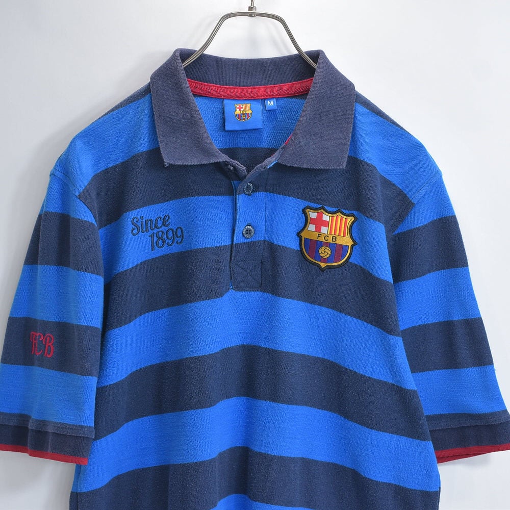 00s FC BARCELONA FCバルセロナ 刺繍 ロゴデザイン 鹿の子 ボーダー オフィシャルプロダクト ポロシャツ 半袖シャツ ブルー ネイビー USED ヴィンテージ ビンテージ ヨーロッパ古着 メンズL相当