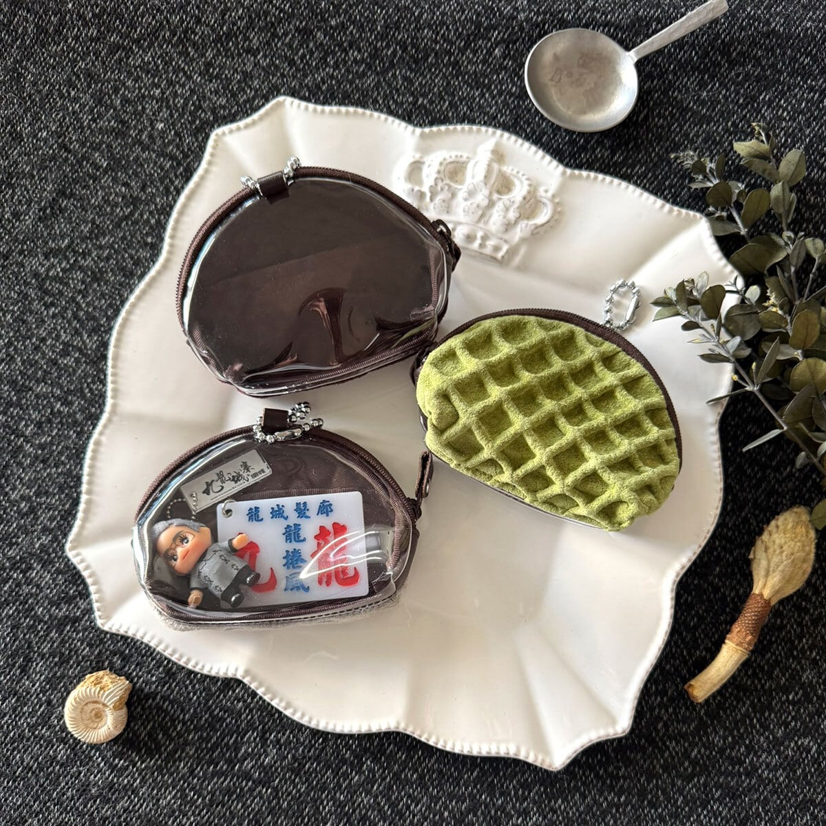 特別版:革のワッフル・半月クリアポーチ(抹茶)