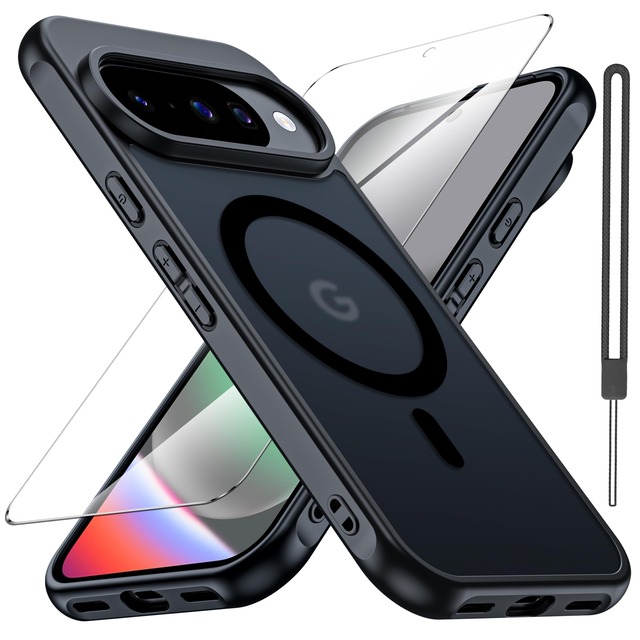 for Google Pixel 9/9 Pro 用 ケース【強化フィルム付き・MagSafe対応】米軍MIL規格 耐衝撃 ストラップ付き マット質感 半透明 指紋防止・黄ばみ防止 ワイヤレス充電対応 グーグルピクセル9/9 Pro 用（ブラック）