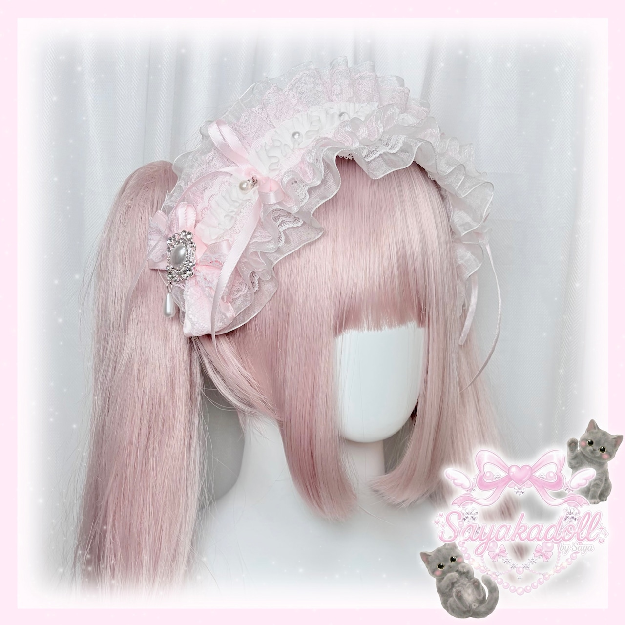 ♡【Sayakadoll Original No.13】【受注生産】ピュアエンジェル きらめきパール&ダブルリボン フリルレースヘッドドレス light blue ♡
