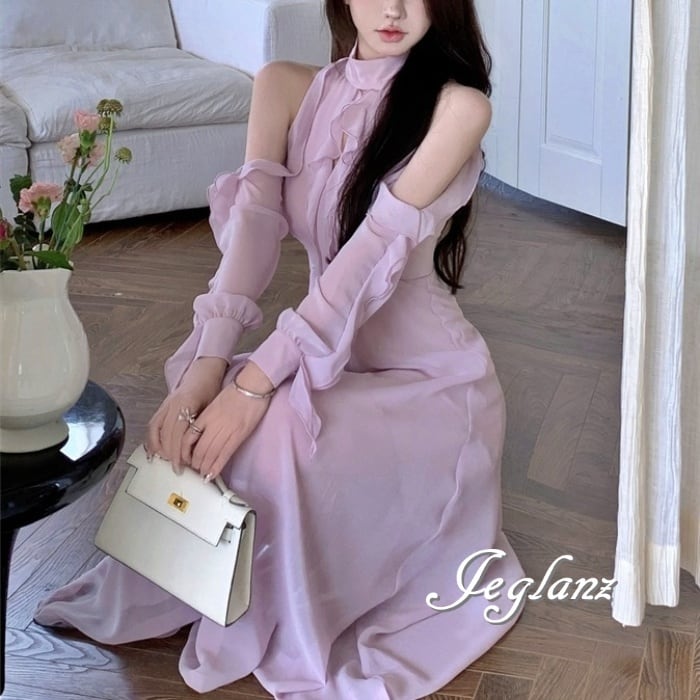 ロング丈 ワンピース ドレス オープンショルダー 透け感 Aライン(M5724)ζ