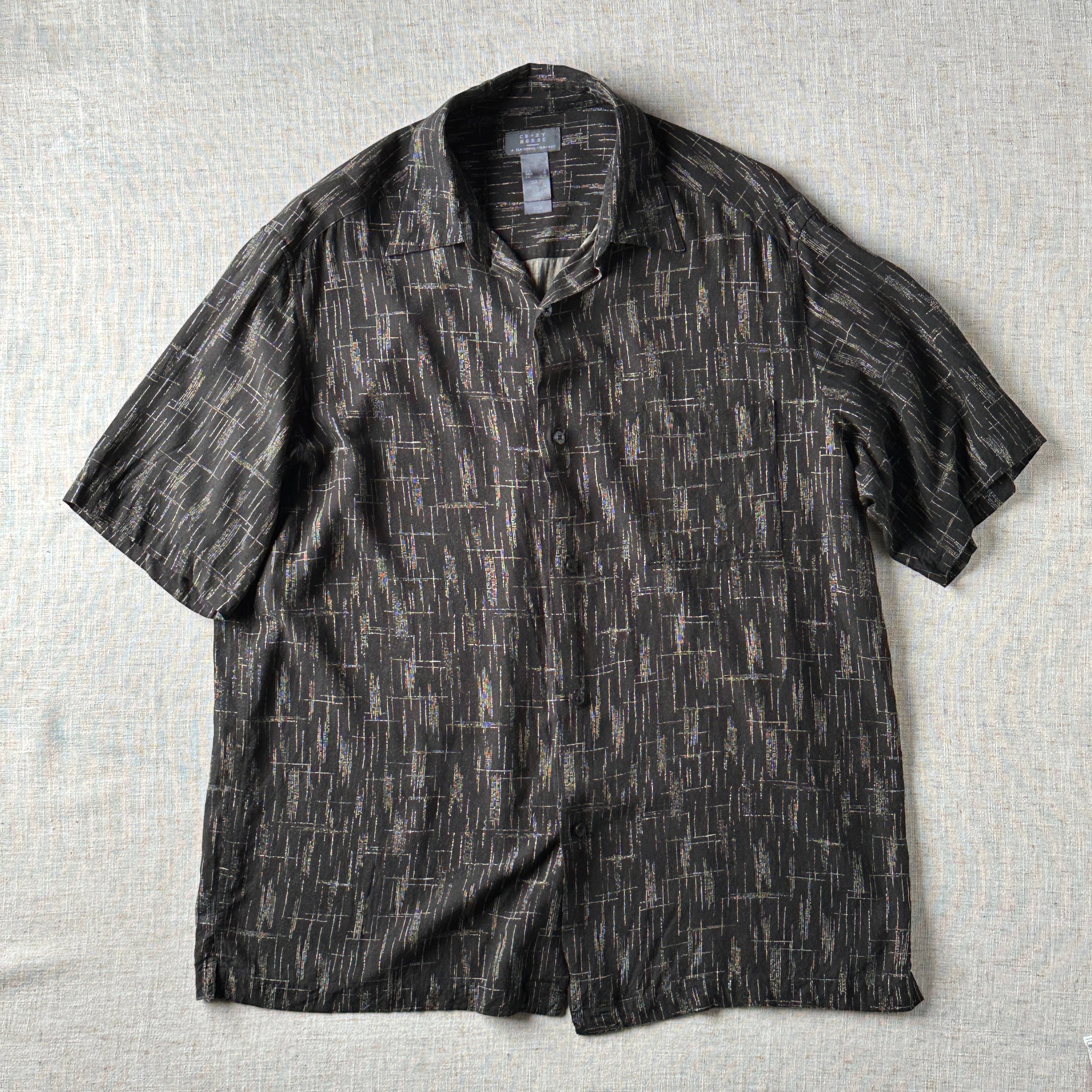 00s CRAZY HORSE Rayon Patterned Open Collar Shirt, Unisex XL