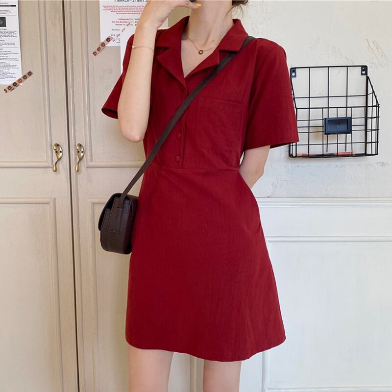 スカート サマーカラーレッドボタンハイウェストウェストスリムドレス 夏物 萌量不足18165493399