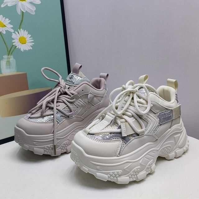 【予約販売】スニーカー 韓国 レディース ダッドシューズ ゴツ底 メッシュ 厚底 高身長 上げ底 靴 ホワイト パープル デザイン お洒落 カジュアル ストリート ダンス 22.5cm/23cm/23.5cm/24cm/24.5cm