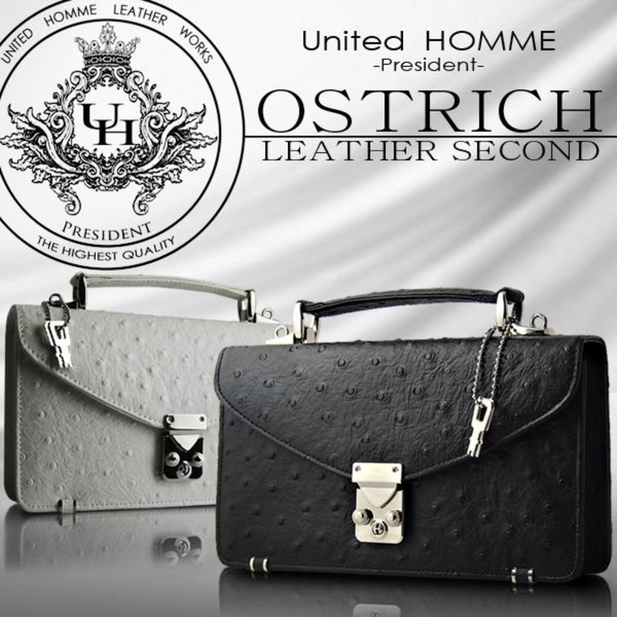 unitedHOMME】オーストリッチ型押し牛革セカンドバッグ（モンソー型 