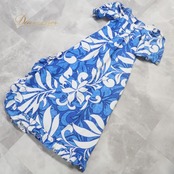 フラダンス 衣装 ワンピース ドレス ブルー系 フリル スリット アシンメトリー パフスリーブ ティアレ柄 かわいい 華やか 鮮やか 明るい 爽やか 青 白 ハワイアン アロハ ハワイアンプリント フラ ダンス レッスン 練習 ホワイト系 おしゃれ レディース