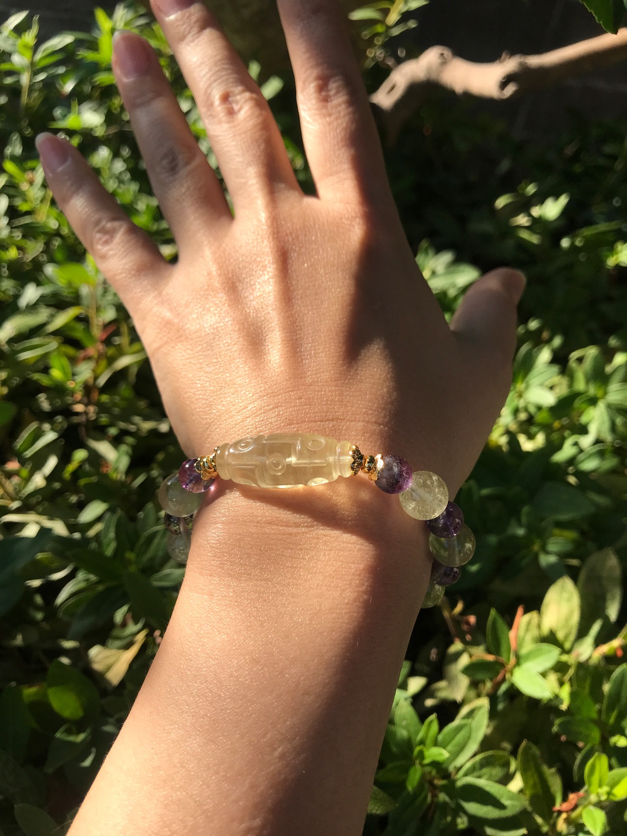 高品質リビアングラス九眼天珠＆アメジストスーパーセブンデザイン  