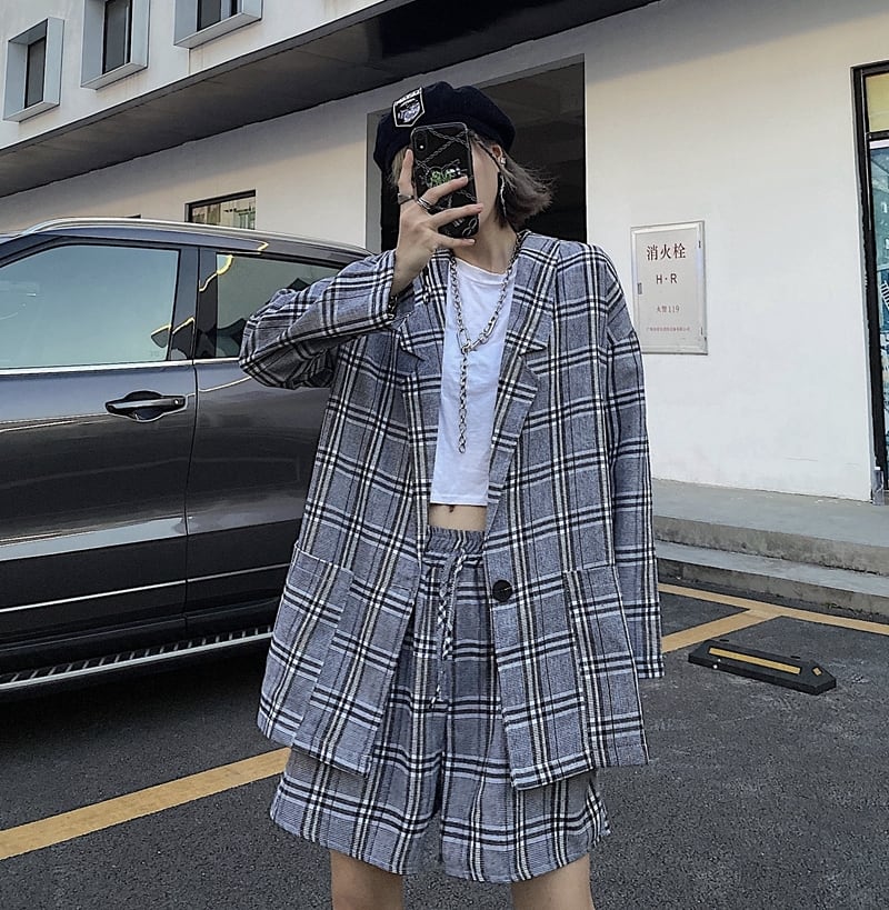 セットアップ チェック柄 ジャケット ショートパンツ 韓国ファッション レディース 薄い ガジュアル 大人可愛い 大人ガジュアル ガーリー Thin Section Plaid Top Casual Shorts Two Piece Suit Dtc Value Rave Notice バリューレイヴノーティス
