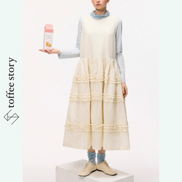 【2color】フリルレースでいっぱい♡ノースリーブティアードロングワンピース 《P0162》