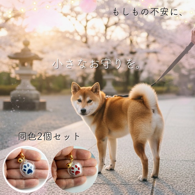 健康祈願 ペット御守 2個セット｜交通安全 肉球チャーム 防水 キーホルダー 宝来鈴付き｜犬 猫 首輪 多頭飼い プレゼント 赤 紺