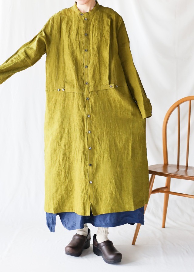 Vlas Blomme - Soft Linen 前開きビブワンピース - Dark Mustard