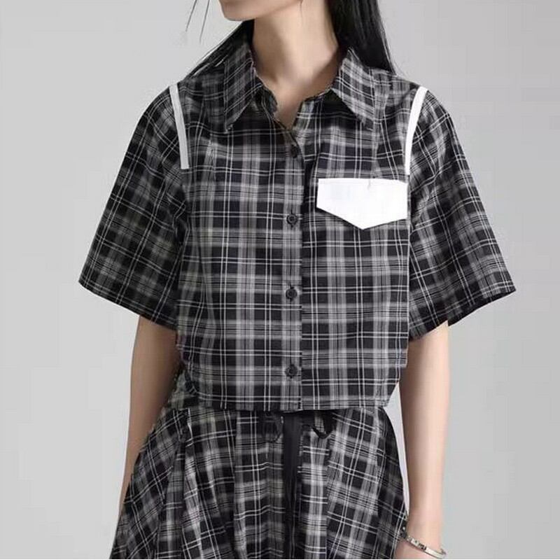 ダークスタイルショートチェック柄シャツトップス A0242