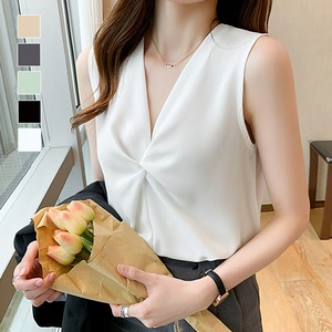 ギャザーブラウス レディース 送料無料 ノースリーブ vネック カジュアル 春夏秋 112927