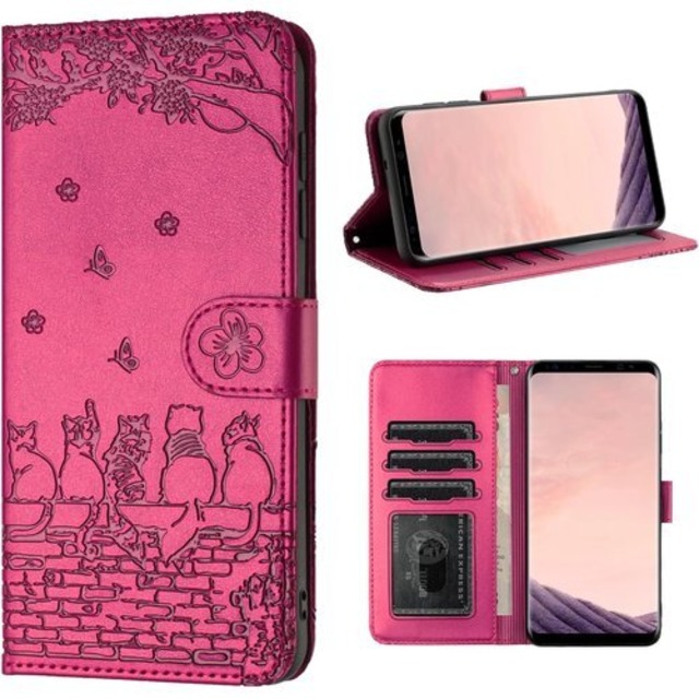 Samsung Galaxy S8 ケース 手帳型 おしゃれ ギャラクシーS8 スマホケース 人気 カバー 耐衝撃 手帳型 Galaxy S8 SCV36 SC-02J ケース 手帳 かわいい猫と美しい桜柄 SC-02Jカバー SCV36ケース PUレザー 本革スマホカバー お洒落 携帯カバー お洒落 スマホケース 軽量 カード収納 マグネット式 スタンド機能 ローズレッド 2327