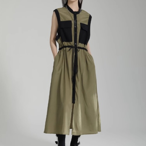 ノースリーブワンピース レディース ワンピース ミモレ丈ワンピース ロングワンピース ウエストリボン カジュアル お出かけ おしゃれ バイカラー 無地 夏 ボタン ファッション ワンピース 女性