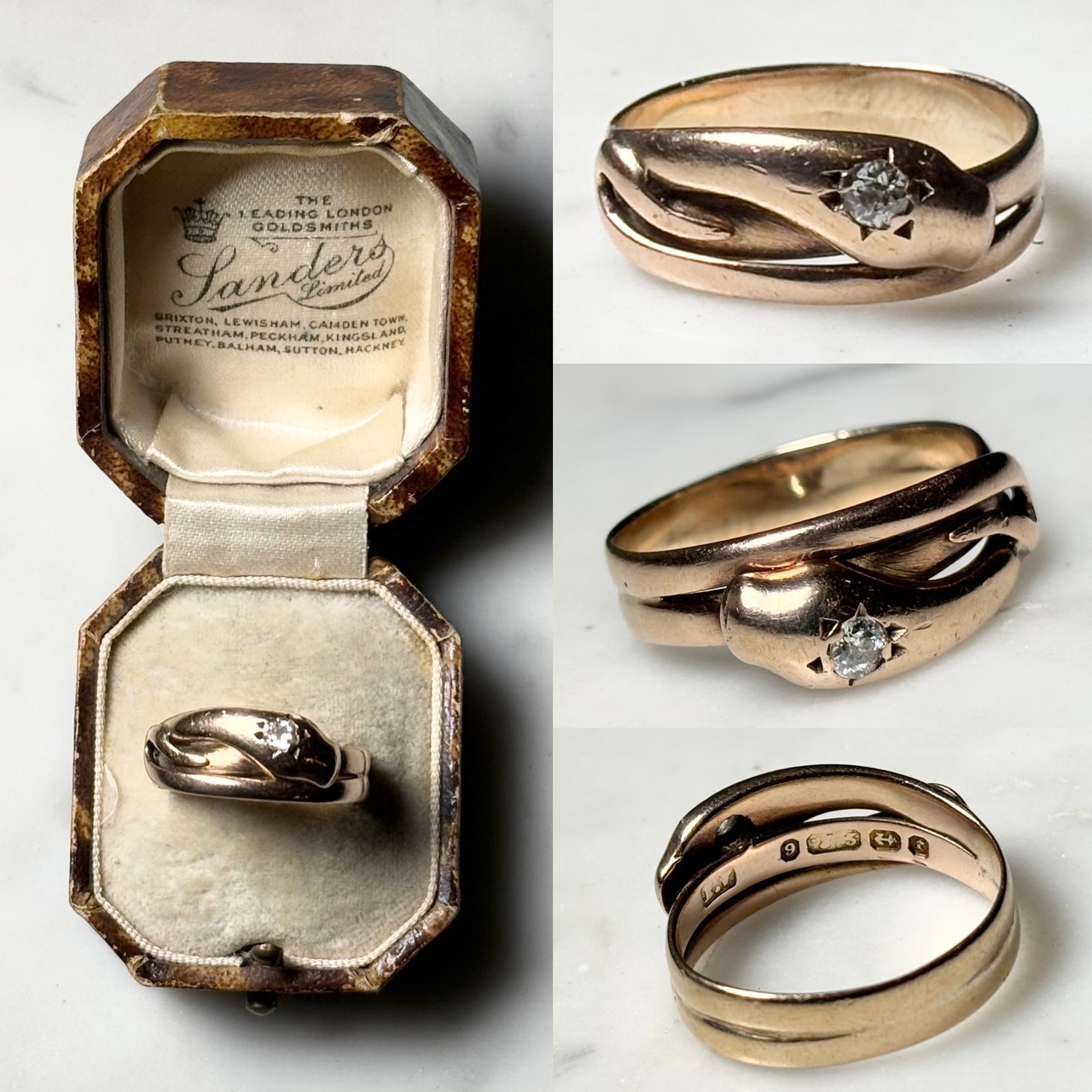 antique c1891 9ct gold snake ring with diamond