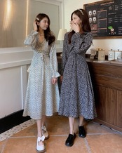 小花柄フレアロングワンピース D1163