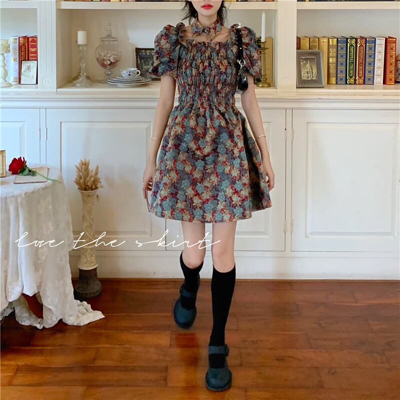 フレンチレトロフローラルドレスレディース夏2020新しいショートスカートスーパー妖精気質ウエストスリムスカート ブラックストロベリース3180639592