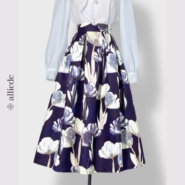 アートフラワープリントフレアスカート　A3429
