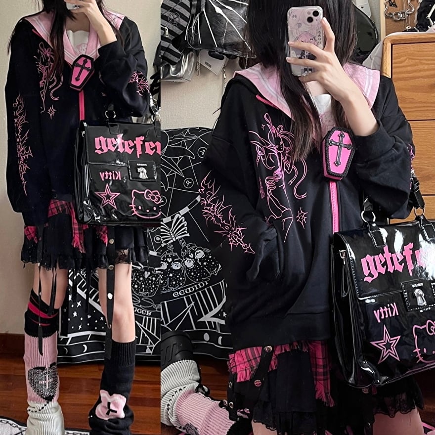 サブカル 服 地雷系 通販 パーカー ZIPアップ 悪魔プリント柄 闇かわいい パンクファッション服