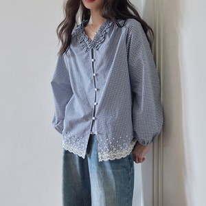 gingham frill neck blouse
