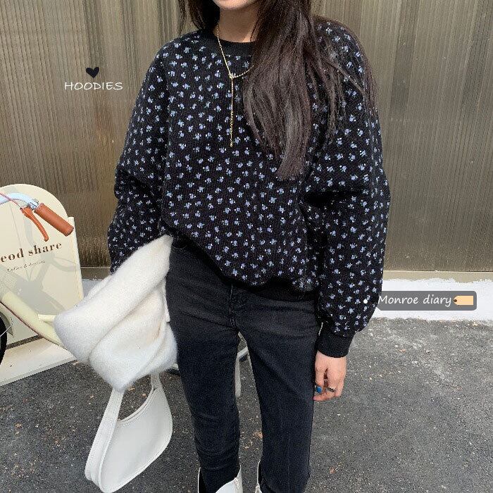 スタンダードブラックフローラルセーター レディースルーズジャケット ショートトップス レトロ 花柄 モンロー1664174318