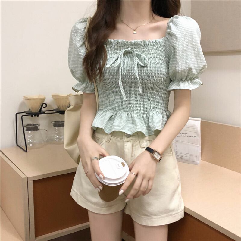 ショートスリーブシャツ レディーススプリングサマー格子柄カラーウェストトップス 春物 夏物 スクウェア 1号婦人89089983793