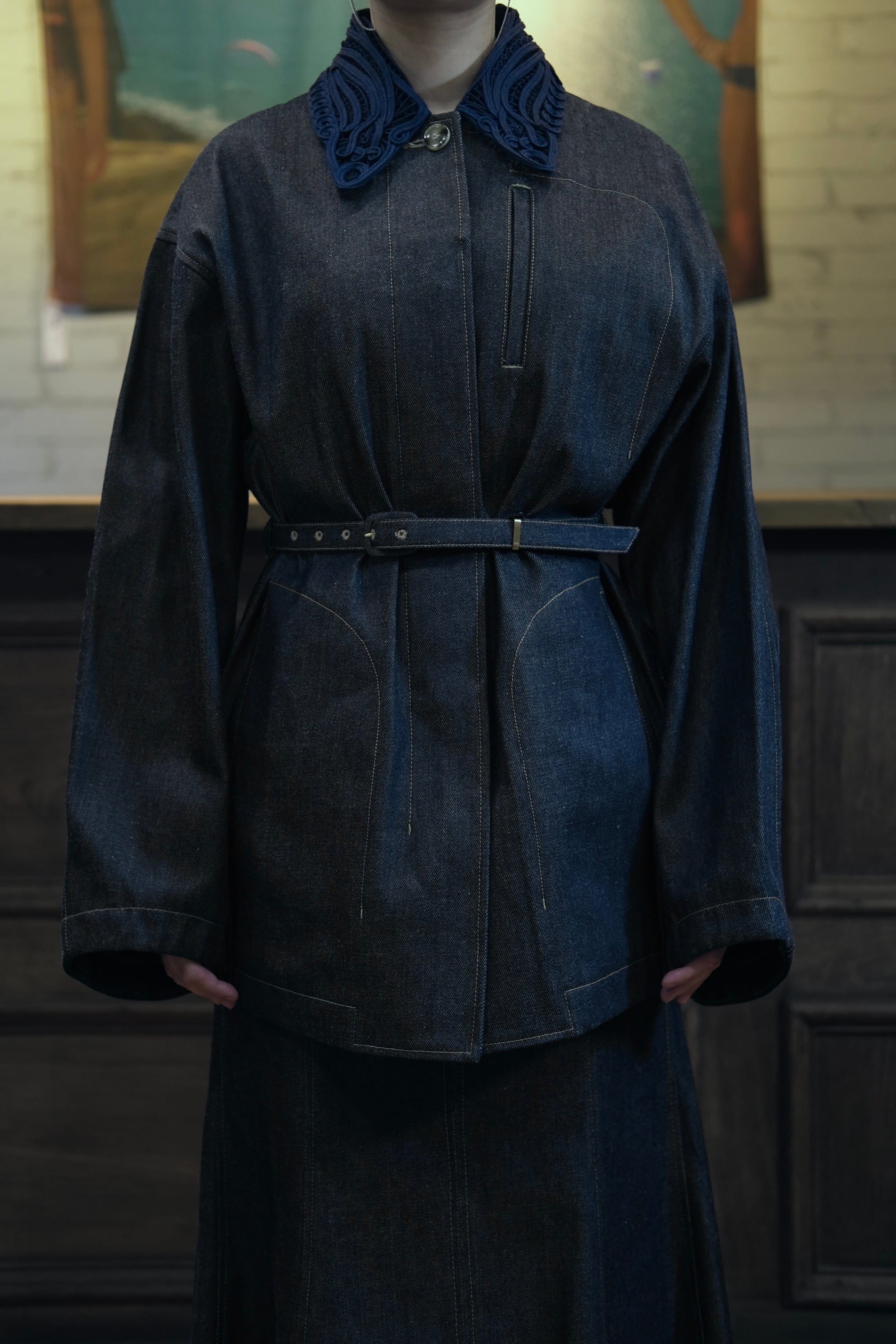 Mame Kurogouchi】Cord Embroidery Detail Denim Jacket - navy
