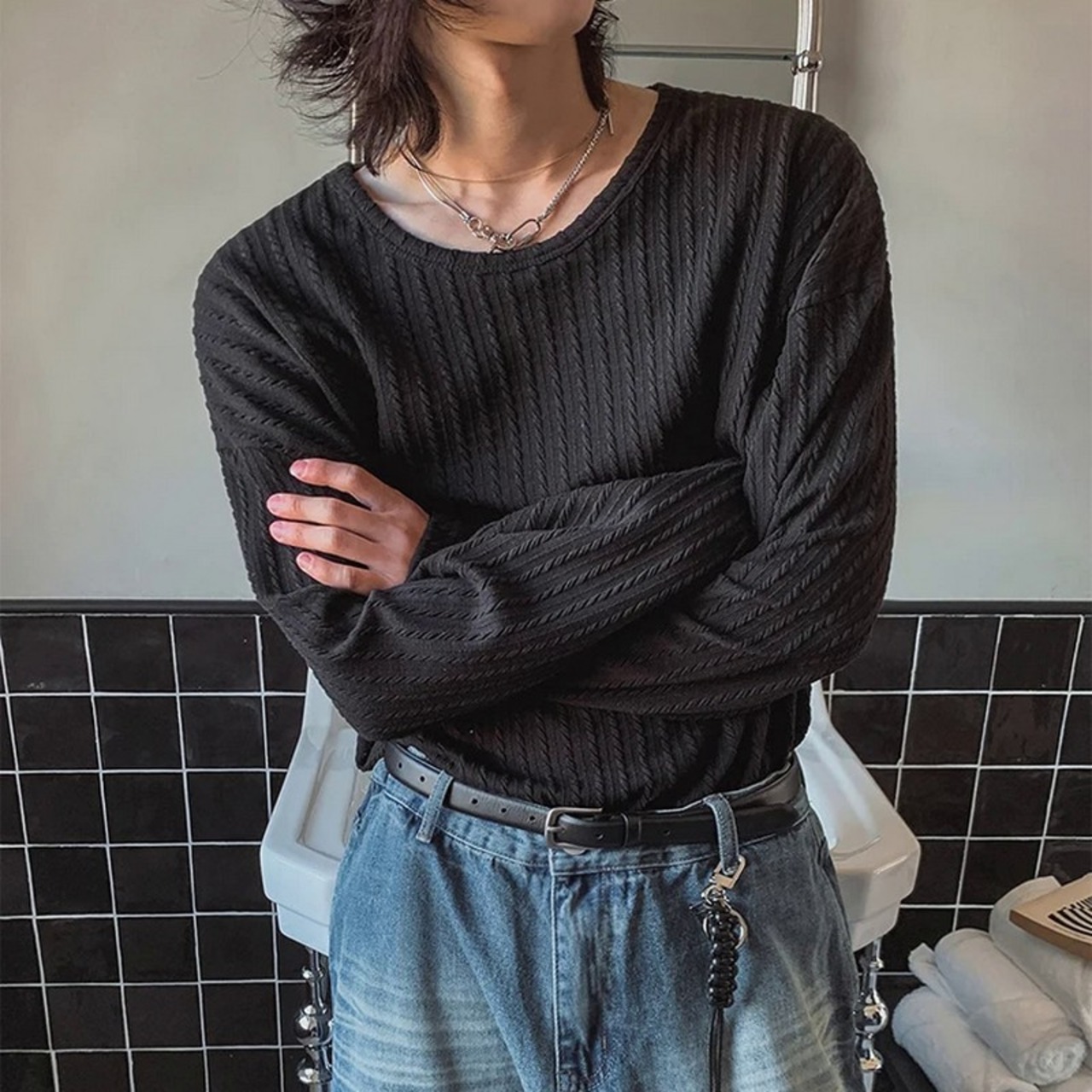 ケーブルジャガード長袖Tシャツ　1242