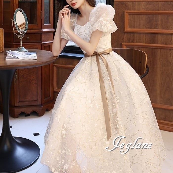 パーティ ドレス ワンピース 背中 編み上げ リボン 透け感 (M8969)ζ