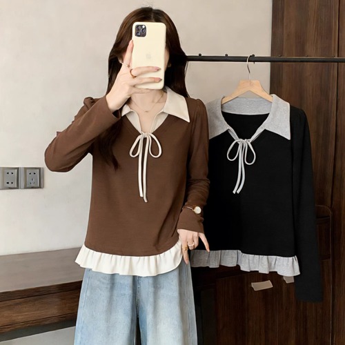 2色／リボンスキッパーカラーフリルヘムトップス ・75949