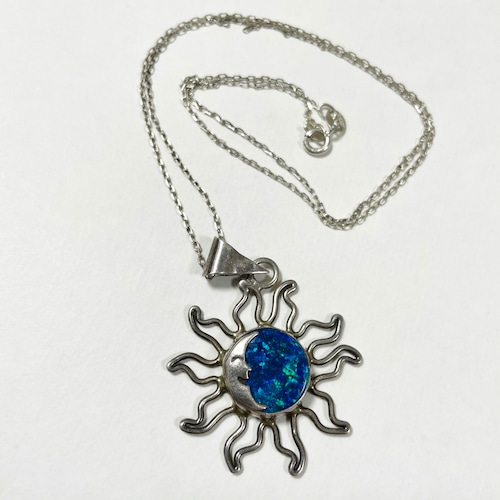 Vintage 925 Silver Blue Opal Sun Moon Pendant Necklace Made In Mexico