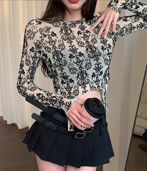 レトロ柄 レース クロップトップ