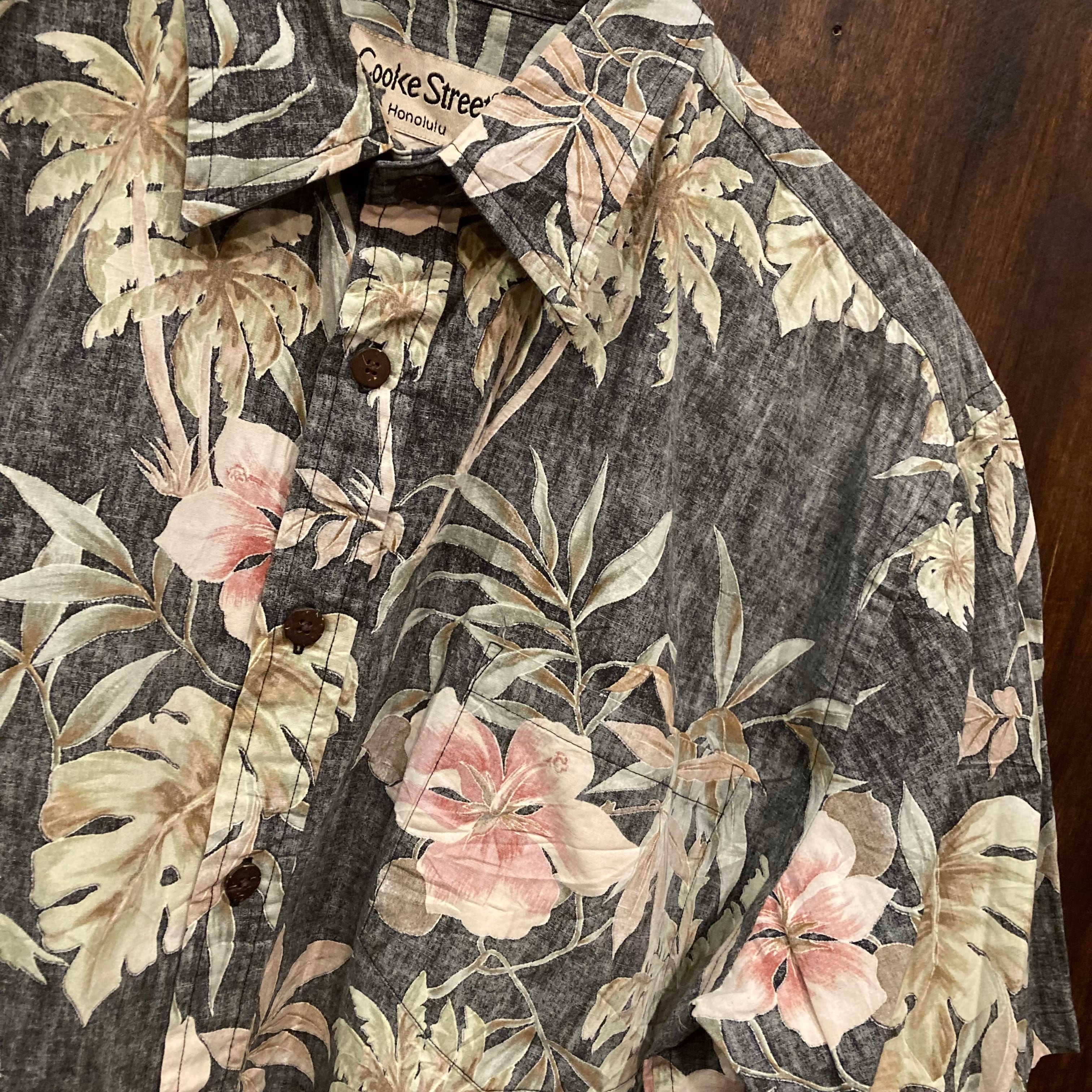 90s アロハシャツ　半袖　植物　花柄　総柄　ボタニカル　ハワイアン　ブラック
